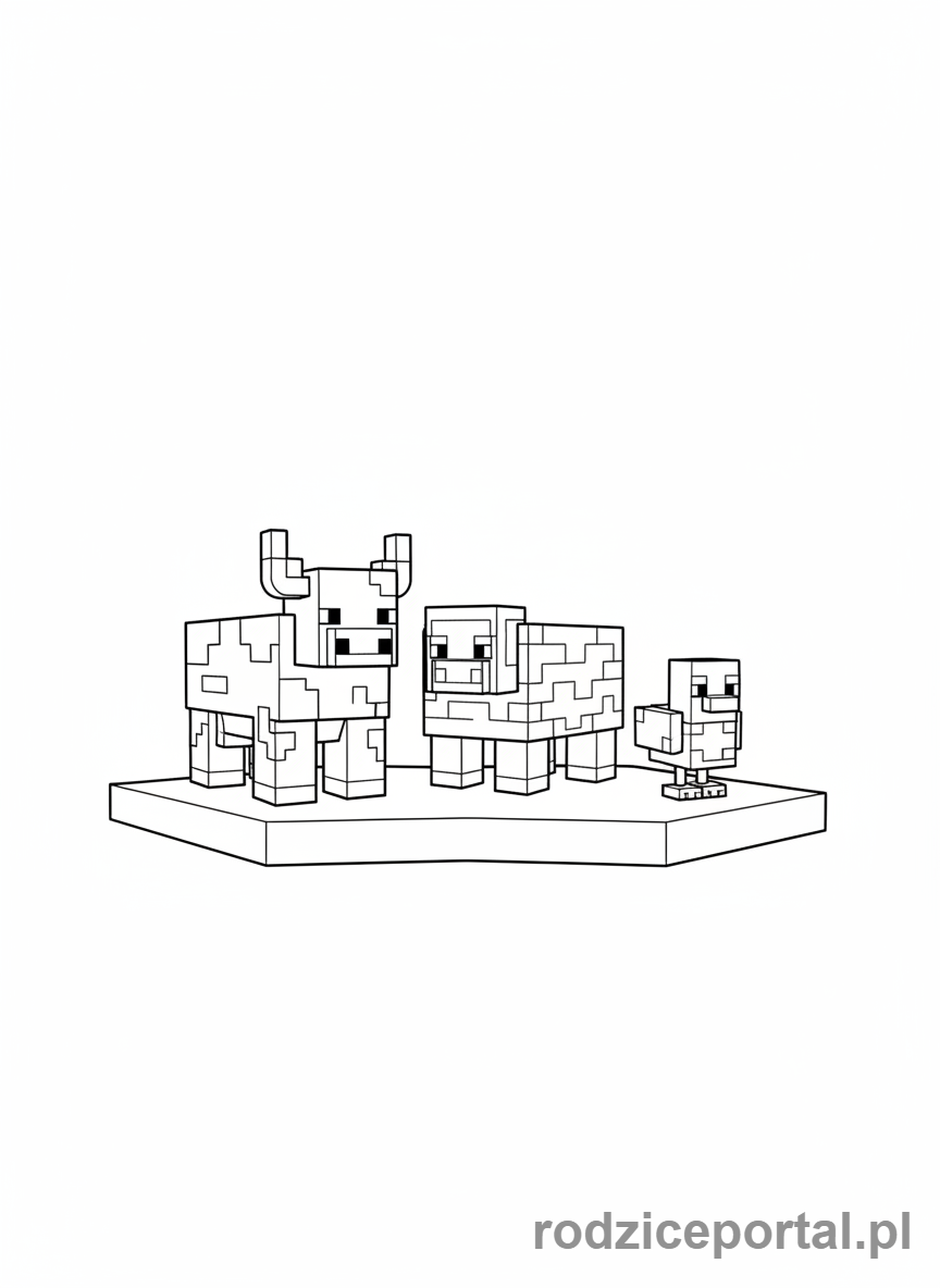 Kolorowanka Lego Minecraft - Grupa zwierząt Lego Minecraft: krowa, owca i kurczak