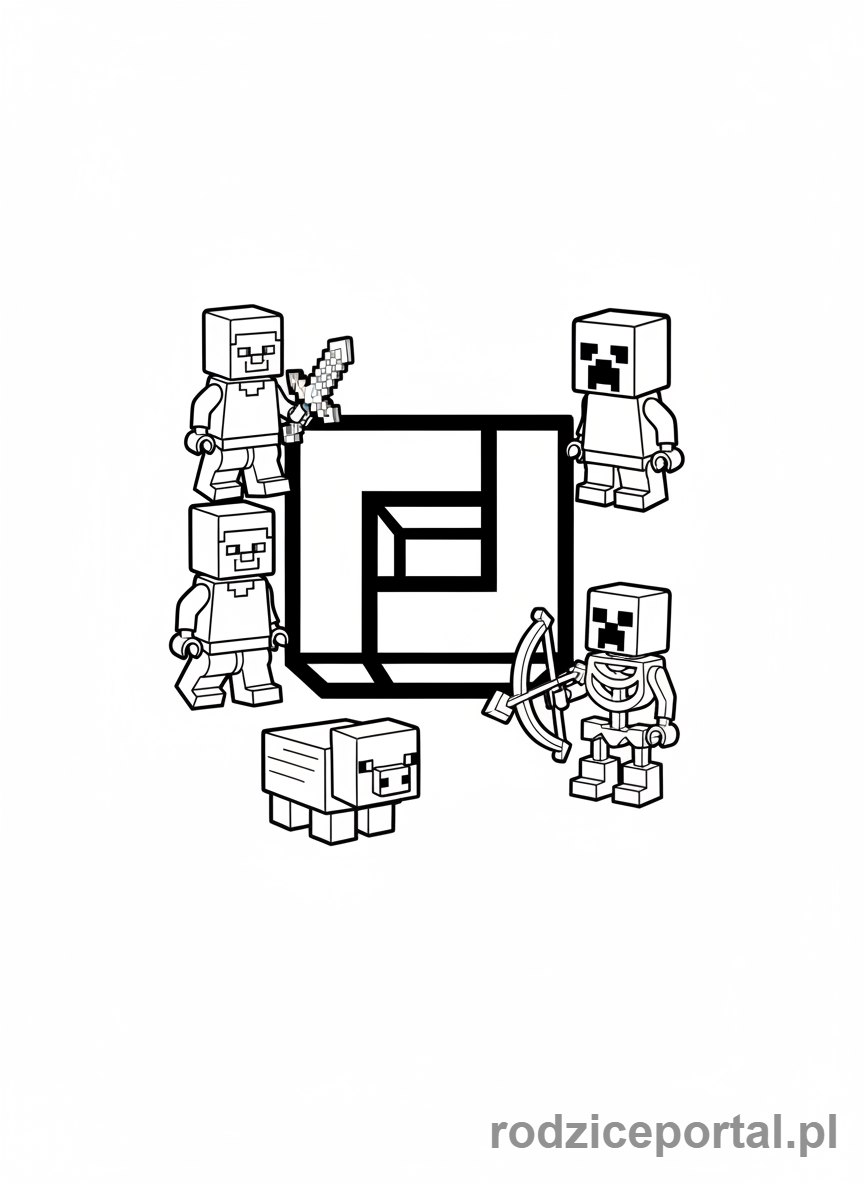 Kolorowanka Lego Minecraft - Lego Minecraft logo z ikonami postaci