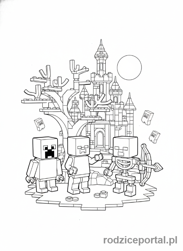 Kolorowanka Lego Minecraft - Ogólna scena walki z potworami