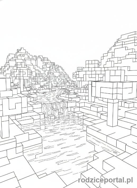 Kolorowanka Lego Minecraft - Rzeka i wodospad