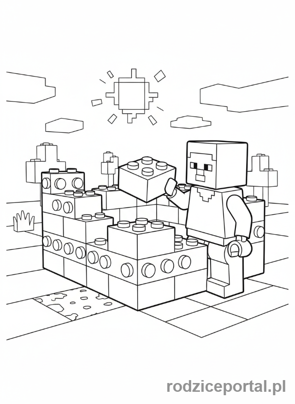 Kolorowanka Lego Minecraft - Steve budujący domek z klocków Lego Minecraft