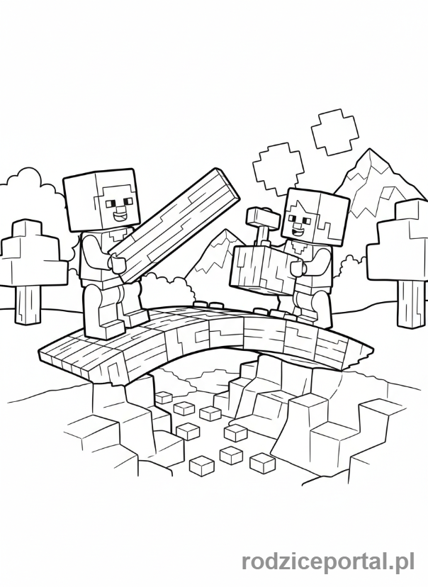 Kolorowanka Lego Minecraft - Steve i Alex budują most