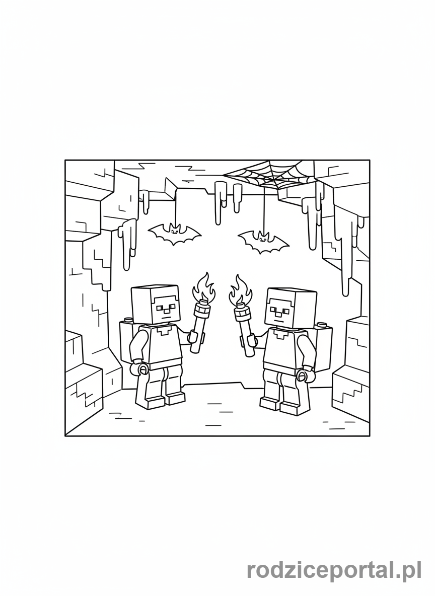 Kolorowanka Lego Minecraft - Steve i Alex w ciemnej jaskini