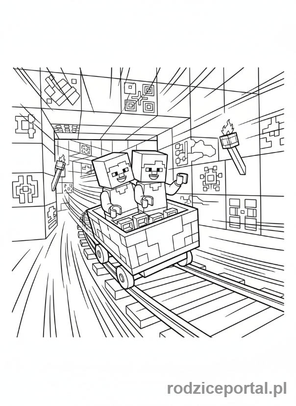 Kolorowanka Lego Minecraft - Steve i Alex w wagoniku Lego Minecraft