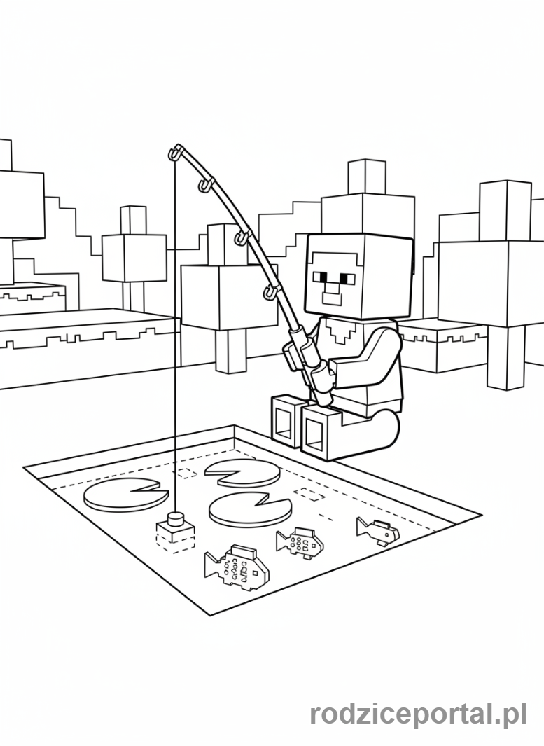 Kolorowanka Lego Minecraft - Steve łowiący ryby w stawie Lego Minecraft