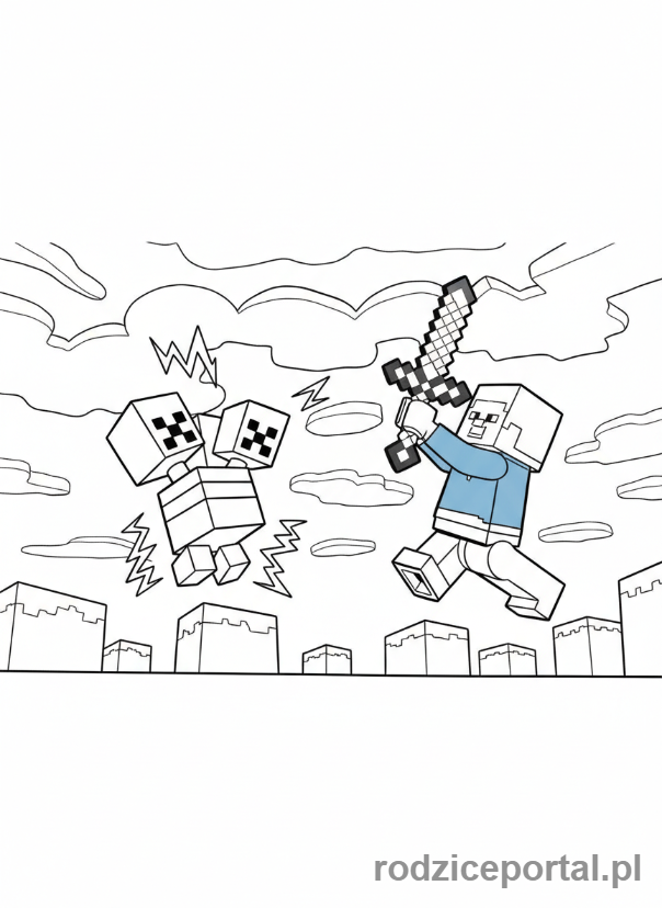 Kolorowanka Lego Minecraft - Steve walczący z Witherem Lego Minecraft