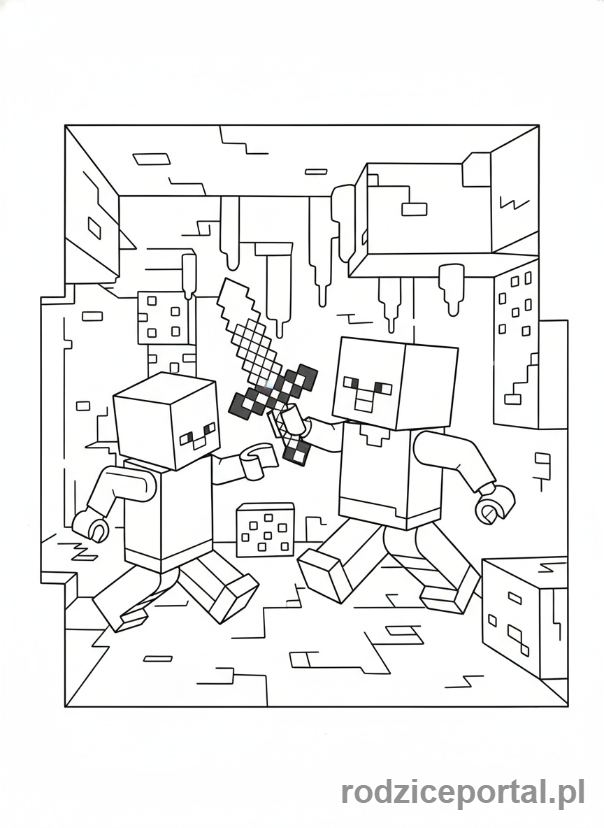 Kolorowanka Lego Minecraft - Steve walczący z zombie Lego Minecraft