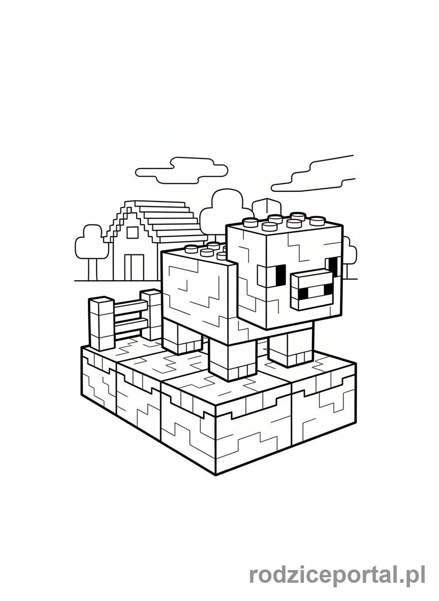 Kolorowanka Lego Minecraft - Świnia Lego Minecraft na farmie z klocków