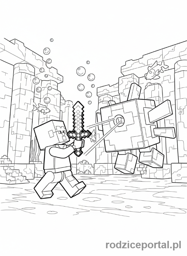 Kolorowanka Lego Minecraft - Walka z Guardianem
