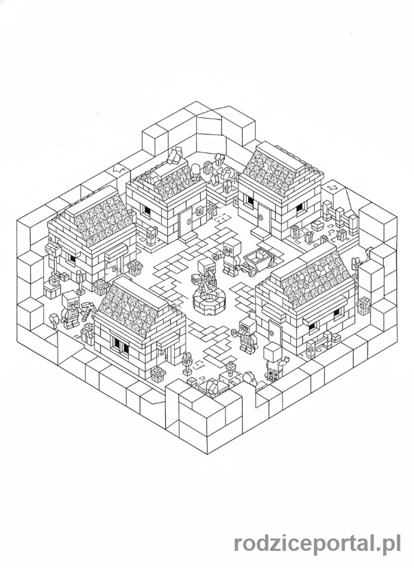 Kolorowanka Lego Minecraft - Widok z góry na wioskę