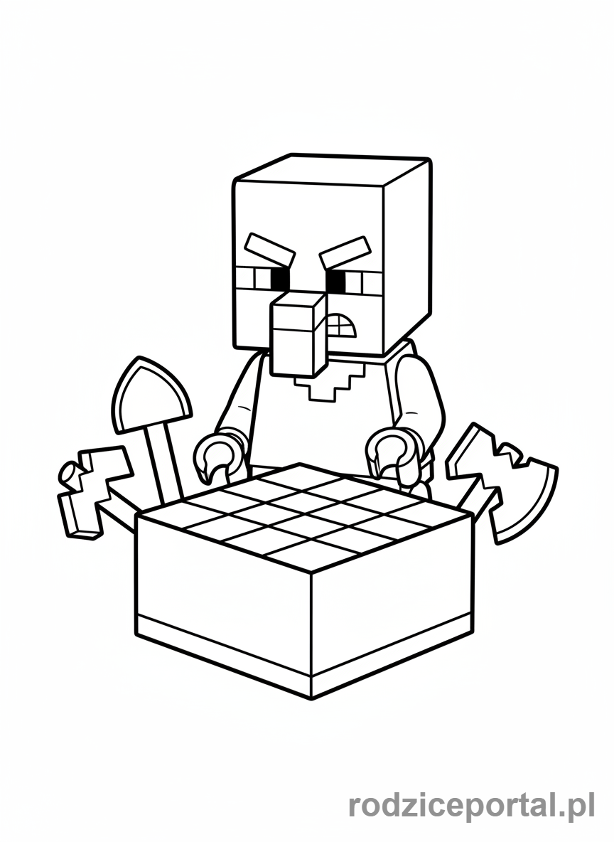 Kolorowanka Lego Minecraft - Wieśniak Lego Minecraft przy stole rzemieślniczym
