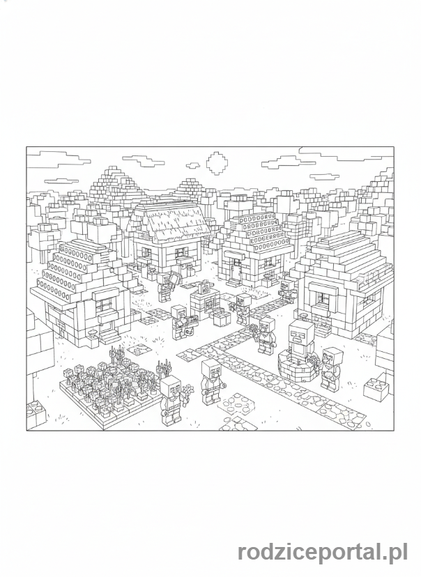 Kolorowanka Lego Minecraft - Wioska wieśniaków