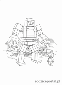 Kolorowanka Lego Minecraft - Żelazny Golem Lego Minecraft chroniący wioskę
