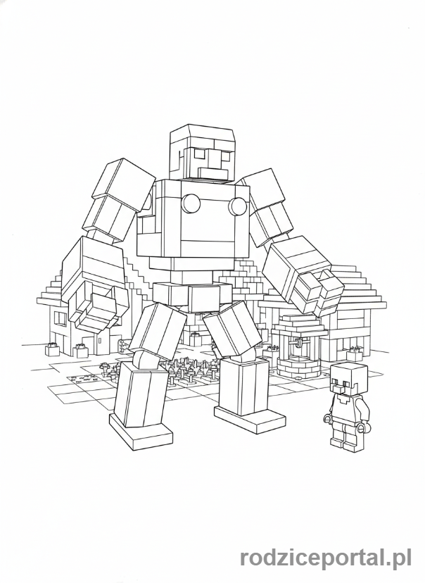 Kolorowanka Lego Minecraft - Żelazny Golem Lego Minecraft chroniący wioskę