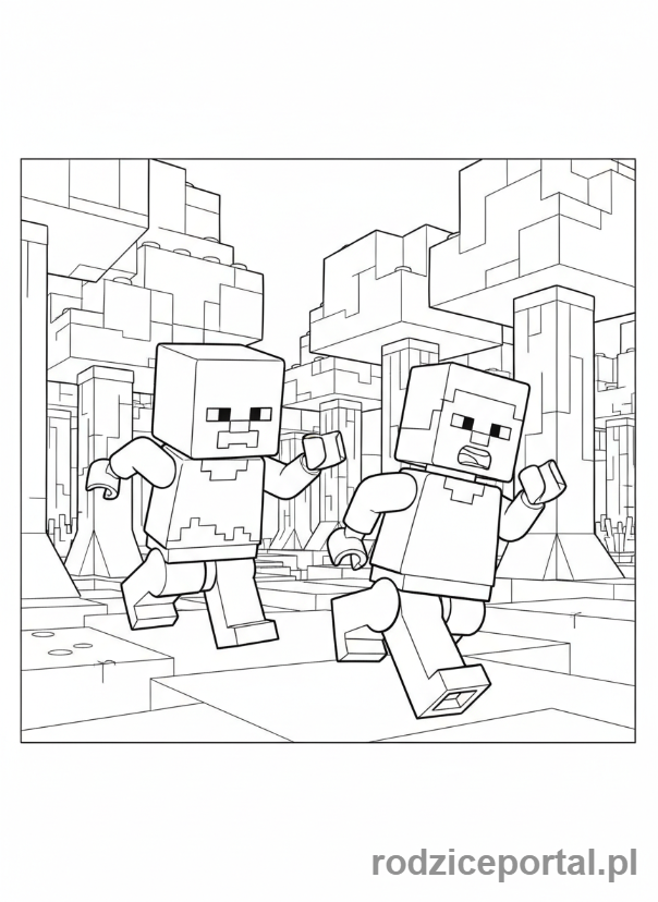 Kolorowanka Lego Minecraft - Zombie goniące Steve'a