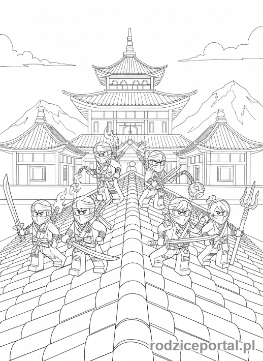 Kolorowanka Lego Ninjago - Cała drużyna Ninja (Kai, Jay, Cole, Zane, Lloyd, Nya) pozuje razem na dachu klasztoru