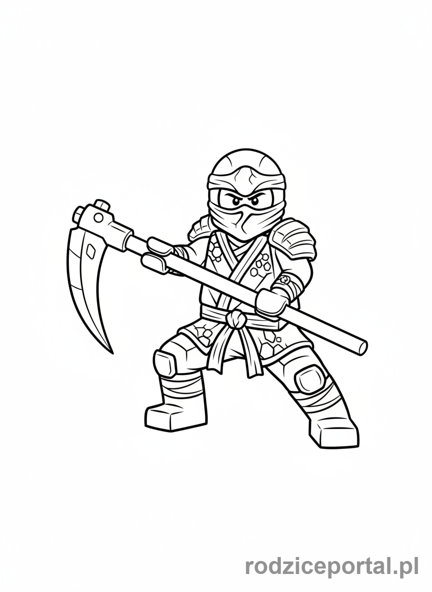 Kolorowanka Lego Ninjago - Cole, czarny ninja ziemi, w silnej pozie z kosą.
