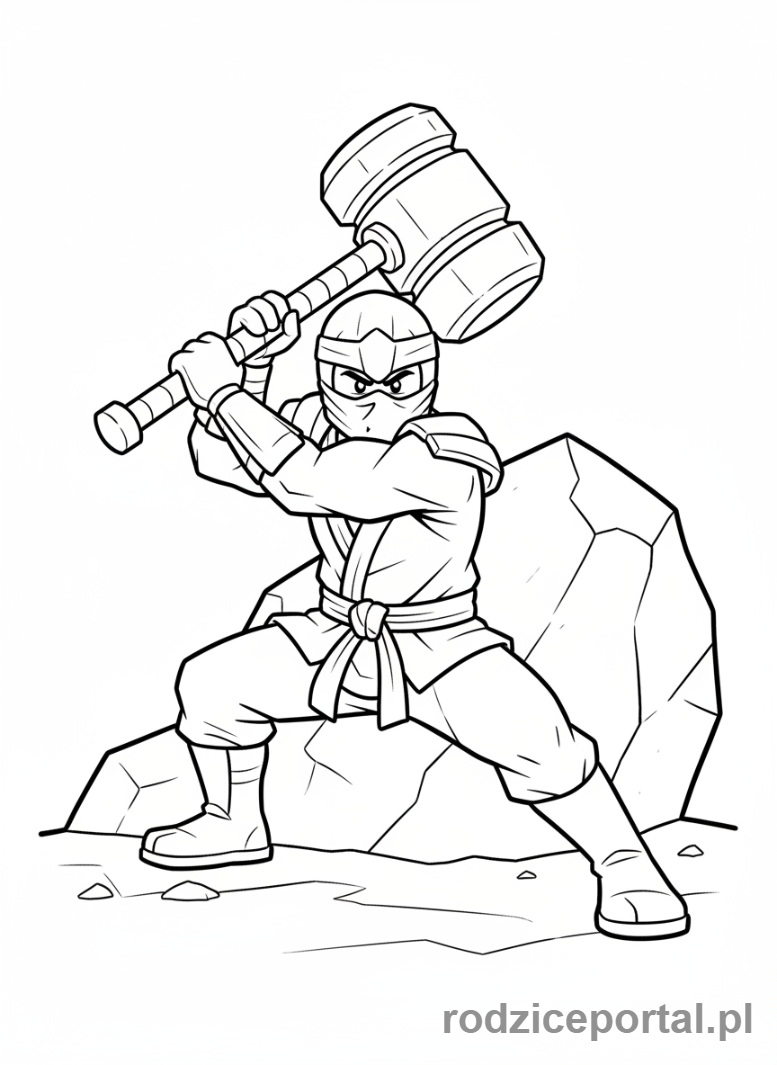 Kolorowanka Lego Ninjago - Cole, Czarny Ninja Ziemi, z młotem bojowym, gotowy do ataku, widok z dołu