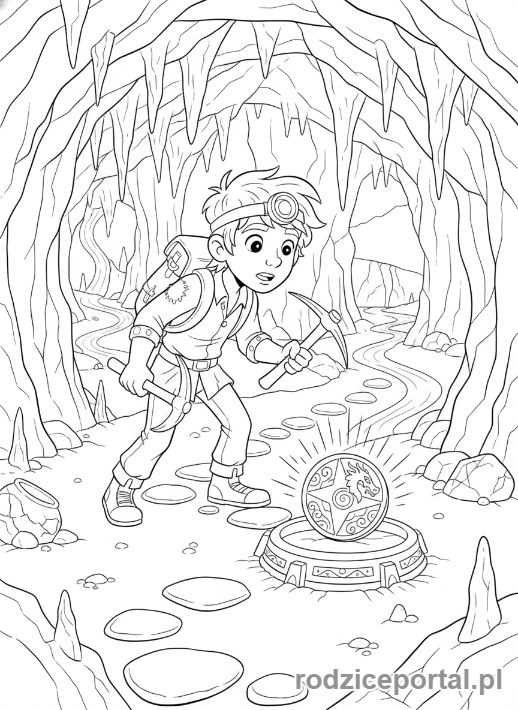 Kolorowanka Lego Ninjago - Cole w podziemnej jaskini, odkrywający starożytny artefakt, scena eksploracji