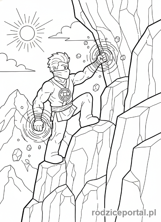 Kolorowanka Lego Ninjago - Cole wspinający się po skale, demonstrujący siłę ziemi, widok z boku