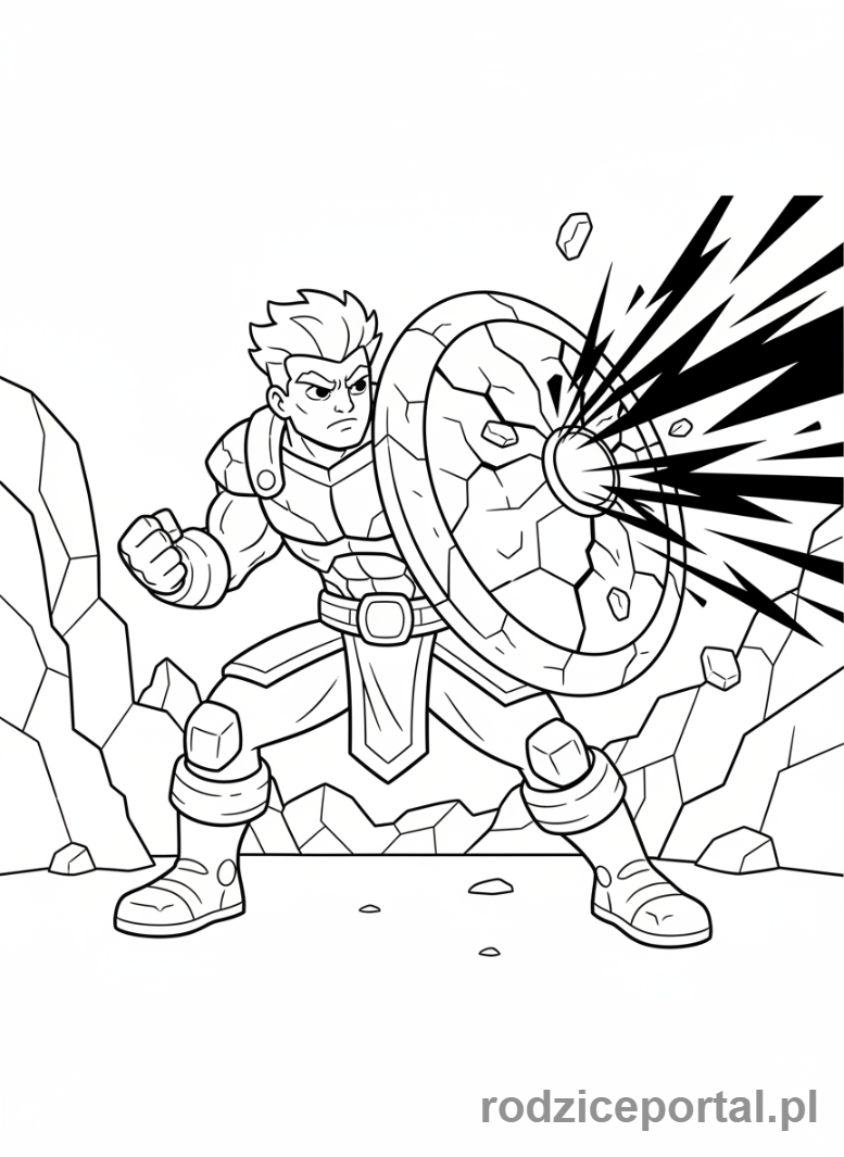 Kolorowanka Lego Ninjago - Cole z kamienną tarczą, broniący się przed atakiem, wytrzymała poza