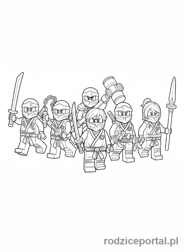 Kolorowanka Lego Ninjago - Grupa ninja Ninjago, stojąca razem w heroicznej pozie.