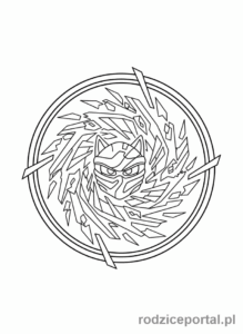 Kolorowanka Lego Ninjago - Ikoniczne logo Ninjago z maską ninja.