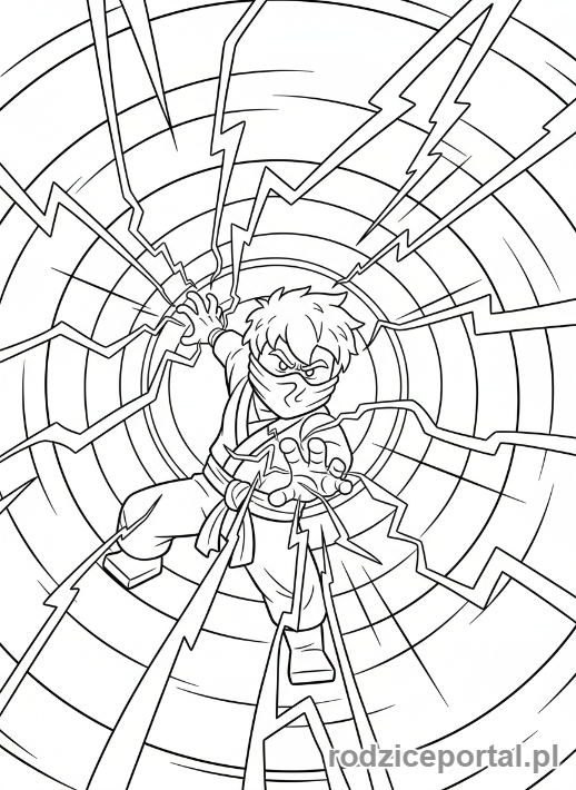 Kolorowanka Lego Ninjago - Jay atakujący błyskawicami, pełen energii.