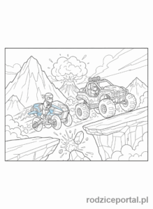 Kolorowanka Lego Ninjago - Jay i Cole rywalizujący w wyścigach na pojazdach, scena pełna akcji