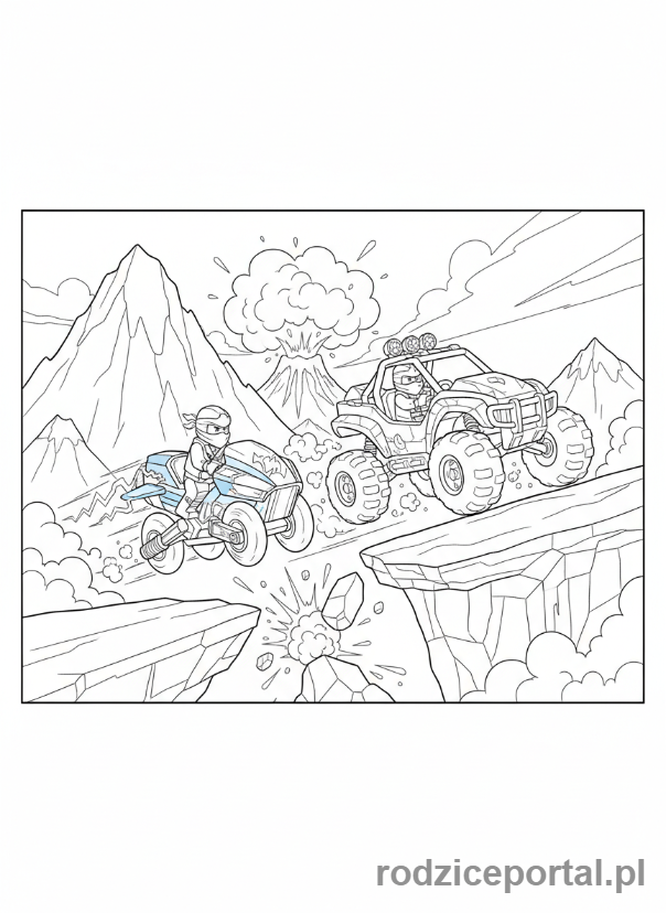 Kolorowanka Lego Ninjago - Jay i Cole rywalizujący w wyścigach na pojazdach, scena pełna akcji