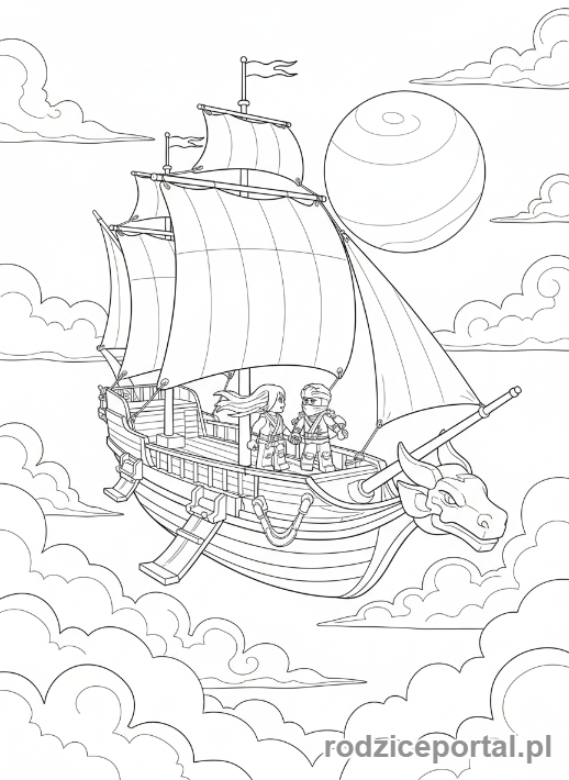 Kolorowanka Lego Ninjago - Jay i Nya latający razem na 'Latającej Perle', romantyczna i dynamiczna scena