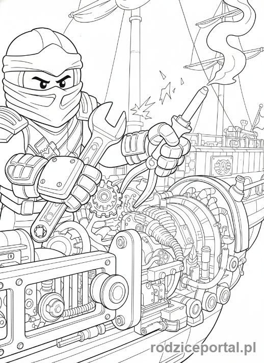Kolorowanka Lego Ninjago - Jay naprawiający swój statek powietrzny 'Latająca Perła', zbliżenie na narzędzia