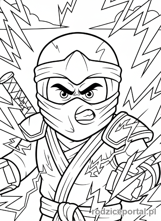 Kolorowanka Lego Ninjago - Jay, Niebieski Ninja Błyskawic, używający swojej mocy piorunów, zbliżenie na twarz