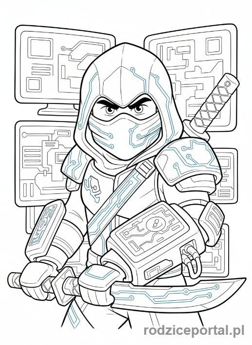 Kolorowanka Lego Ninjago - Jay w swoim zbrojonym kombinezonie techno-blade, gotowy do hakowania, zbliżenie na sprzęt
