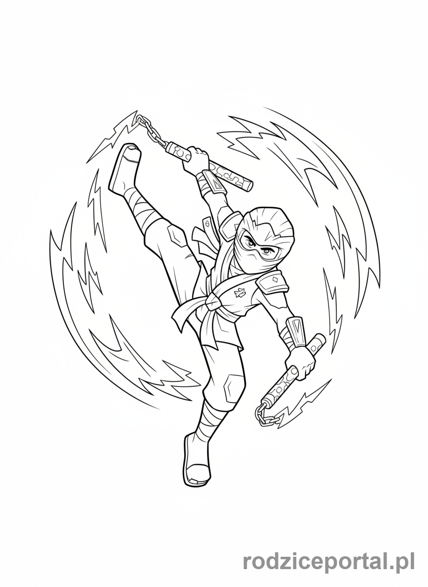 Kolorowanka Lego Ninjago - Jay z nunchakami błyskawic, wirujący w powietrzu, akrobacyjna poza