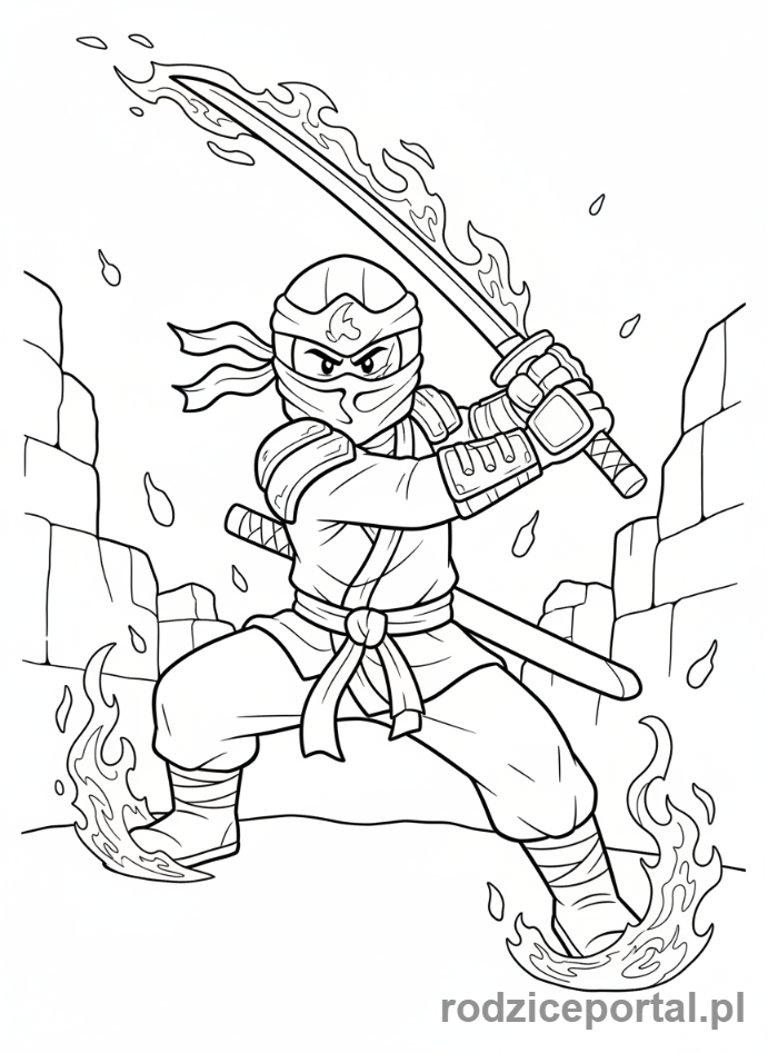 Kolorowanka Lego Ninjago - Kai, Czerwony Ninja Ognia, w dynamicznej pozie bojowej z kataną