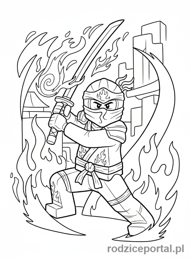 Kolorowanka Lego Ninjago - Kai, czerwony ninja ognia, w dynamicznej pozie z mieczem.