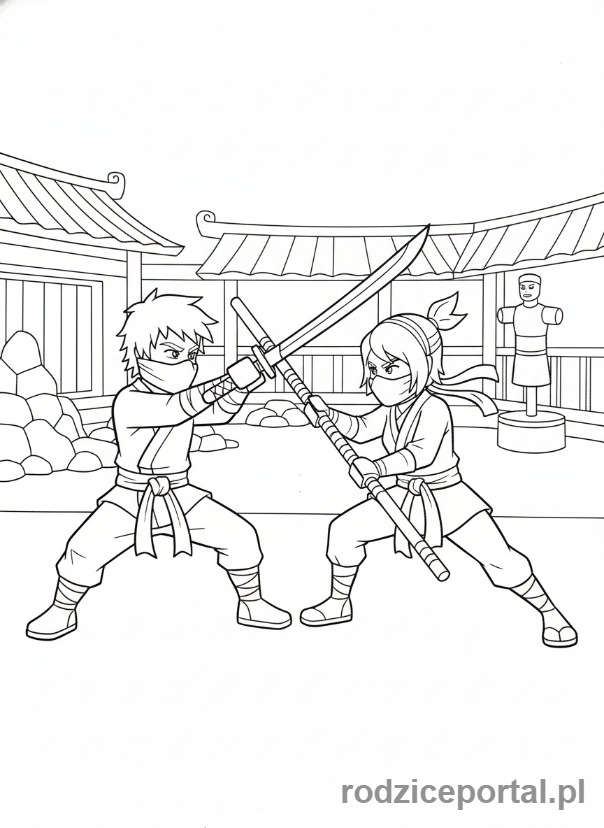 Kolorowanka Lego Ninjago - Kai i Nya trenujący razem, scena rodzeństwa i walki, dynamiczny duet