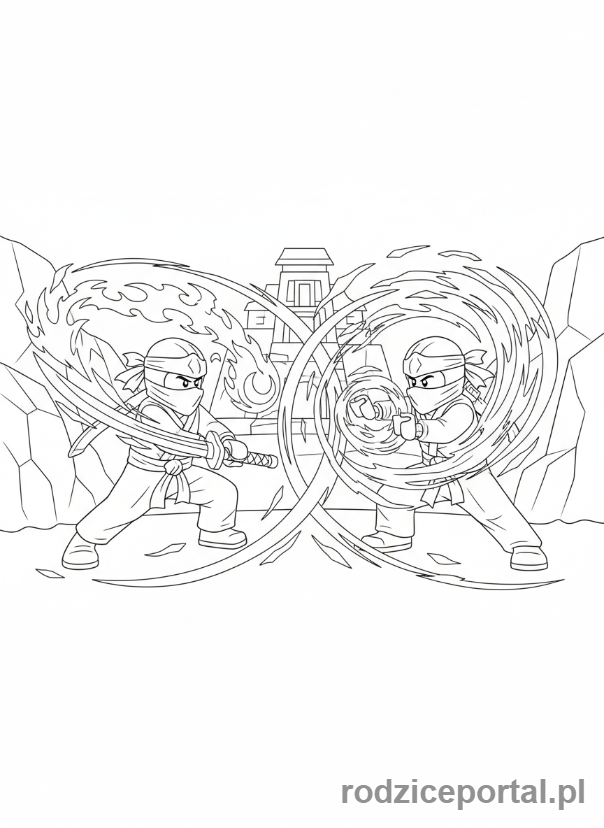 Kolorowanka Lego Ninjago - Kai i Zane walczący ramię w ramię, pokazując pracę zespołową.