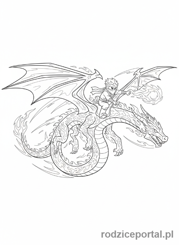 Kolorowanka Lego Ninjago - Kai na swoim smoku ognia, lecący w akcji.