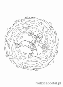 Kolorowanka Lego Ninjago - Kai trenujący Spinjitzu, wirujący w płomieniach, dynamiczna scena