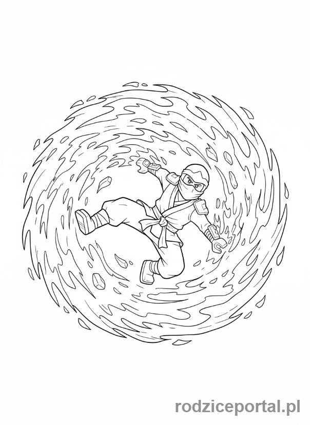 Kolorowanka Lego Ninjago - Kai trenujący Spinjitzu, wirujący w płomieniach, dynamiczna scena