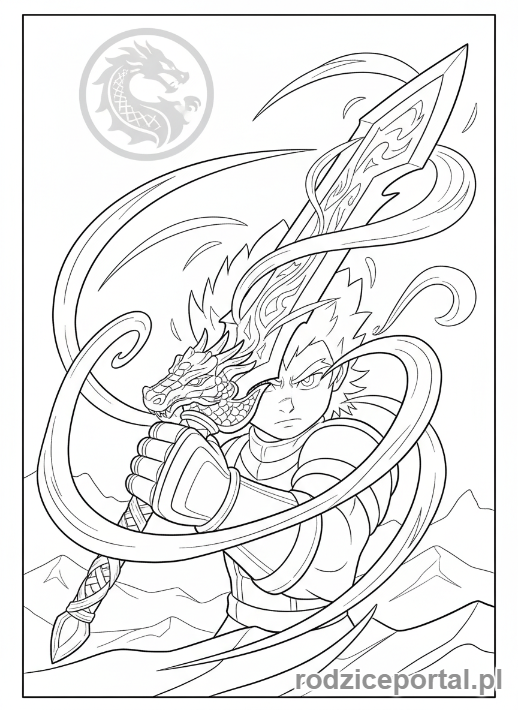 Kolorowanka Lego Ninjago - Kai używający ostrza Smoczej Mocy, z energią płynącą wokół niego, zbliżenie na broń