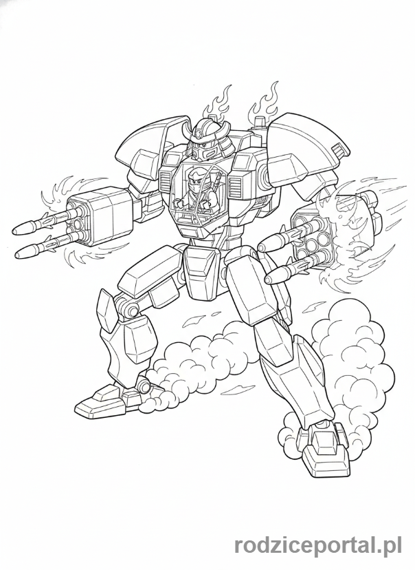 Kolorowanka Lego Ninjago - Kai w swoim mechu strażnika ognia, strzelający pociskami, dynamiczny widok
