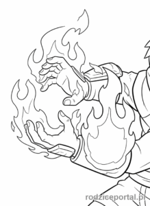 Kolorowanka Lego Ninjago - Kai z płonącymi rękami, przygotowujący się do uderzenia, zbliżenie na dłonie