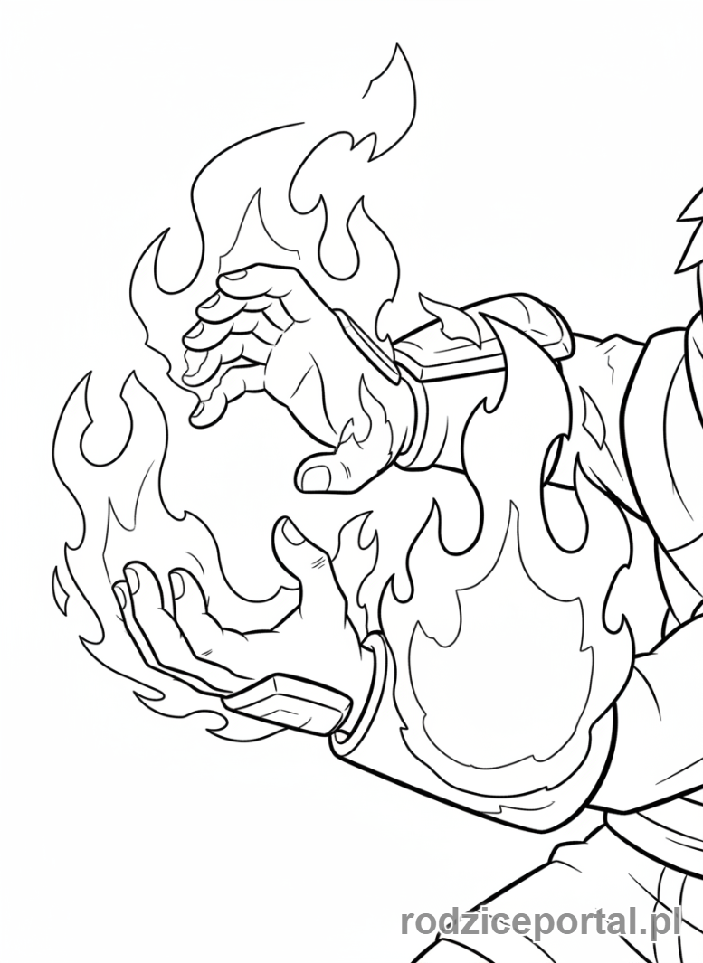 Kolorowanka Lego Ninjago - Kai z płonącymi rękami, przygotowujący się do uderzenia, zbliżenie na dłonie