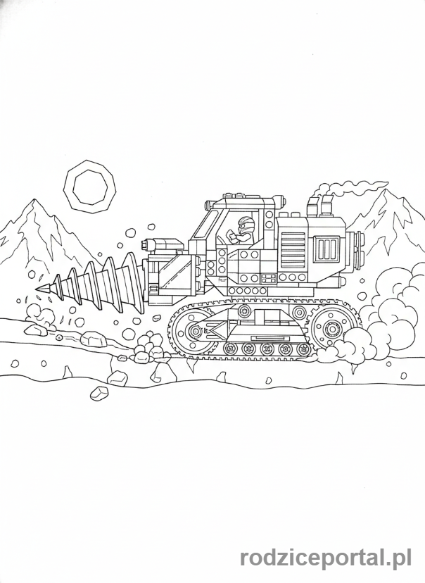 Kolorowanka Lego Ninjago - Koparka Wiertnicza Cole'a, w akcji, drążąca pod ziemią, widok boczny