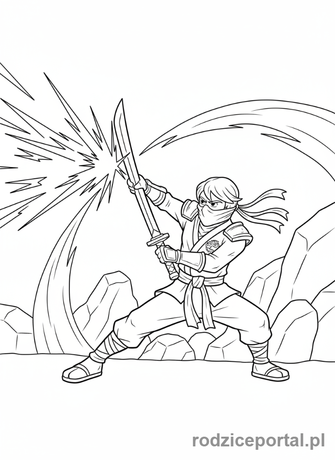 Kolorowanka Lego Ninjago - Lloyd używający swojego miecza do odbicia ataku, dynamiczny kontratak
