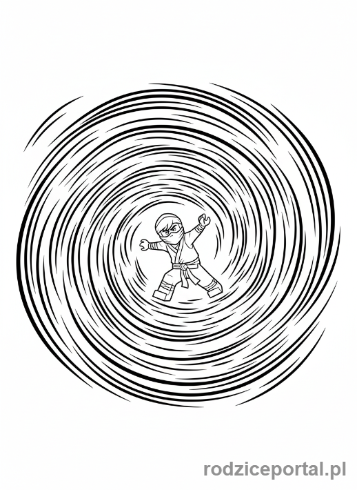 Kolorowanka Lego Ninjago - Lloyd używający techniki Spinjitzu, wirujący.