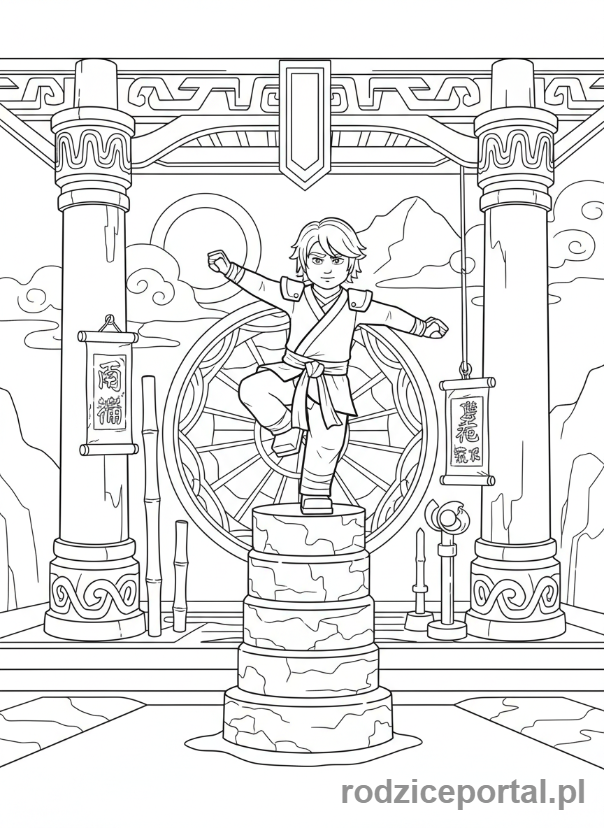 Kolorowanka Lego Ninjago - Lloyd w świątyni, trenujący swoje umiejętności, spokojna i skupiona scena